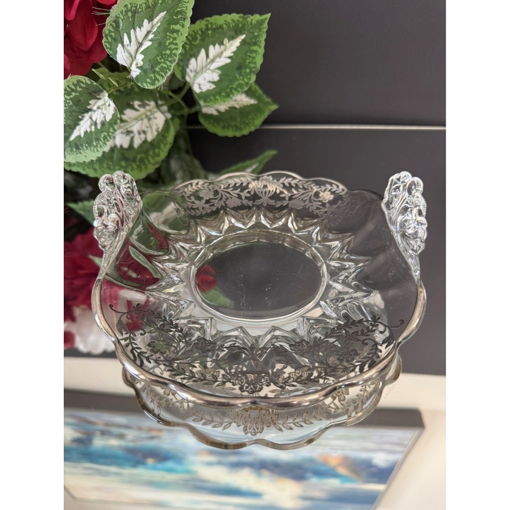 Vintage Silver‎ Overlay Etched Glass Bowl with Handles – Floral Scroll Design